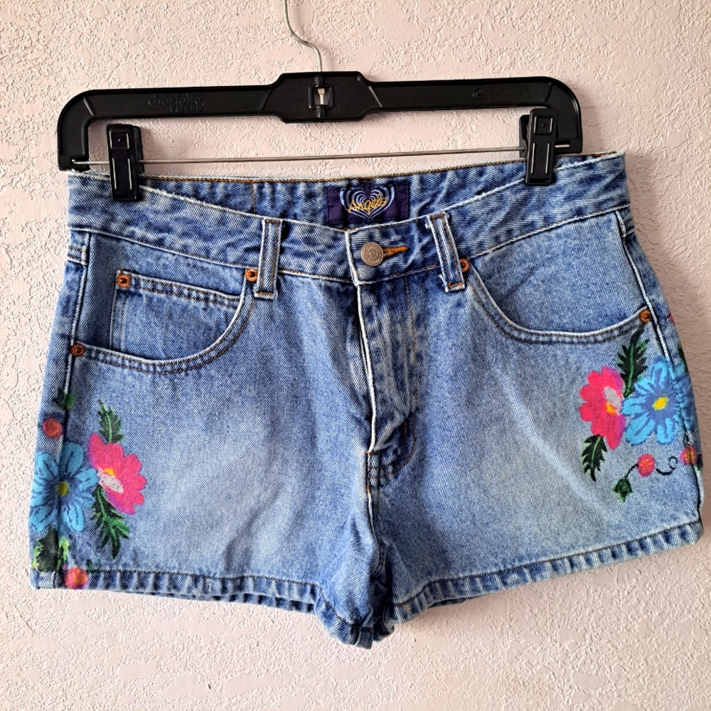 Angels Blue Jean Shorts with Floral Paint Design